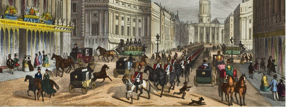 An oil painting describing daily life of Regent's Square in Victorian England.