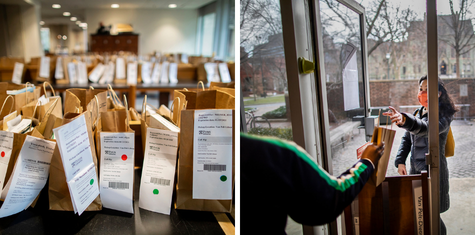 Right image: row of brown paper bags on a library table with receipts taped to them. Right: A person standing off-camera hands a paper bag through a glass door to a woman standing outside.