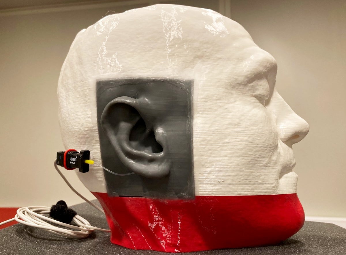 A model of a human head, 3D printed in white and red plastic, with a grey model ear attached.