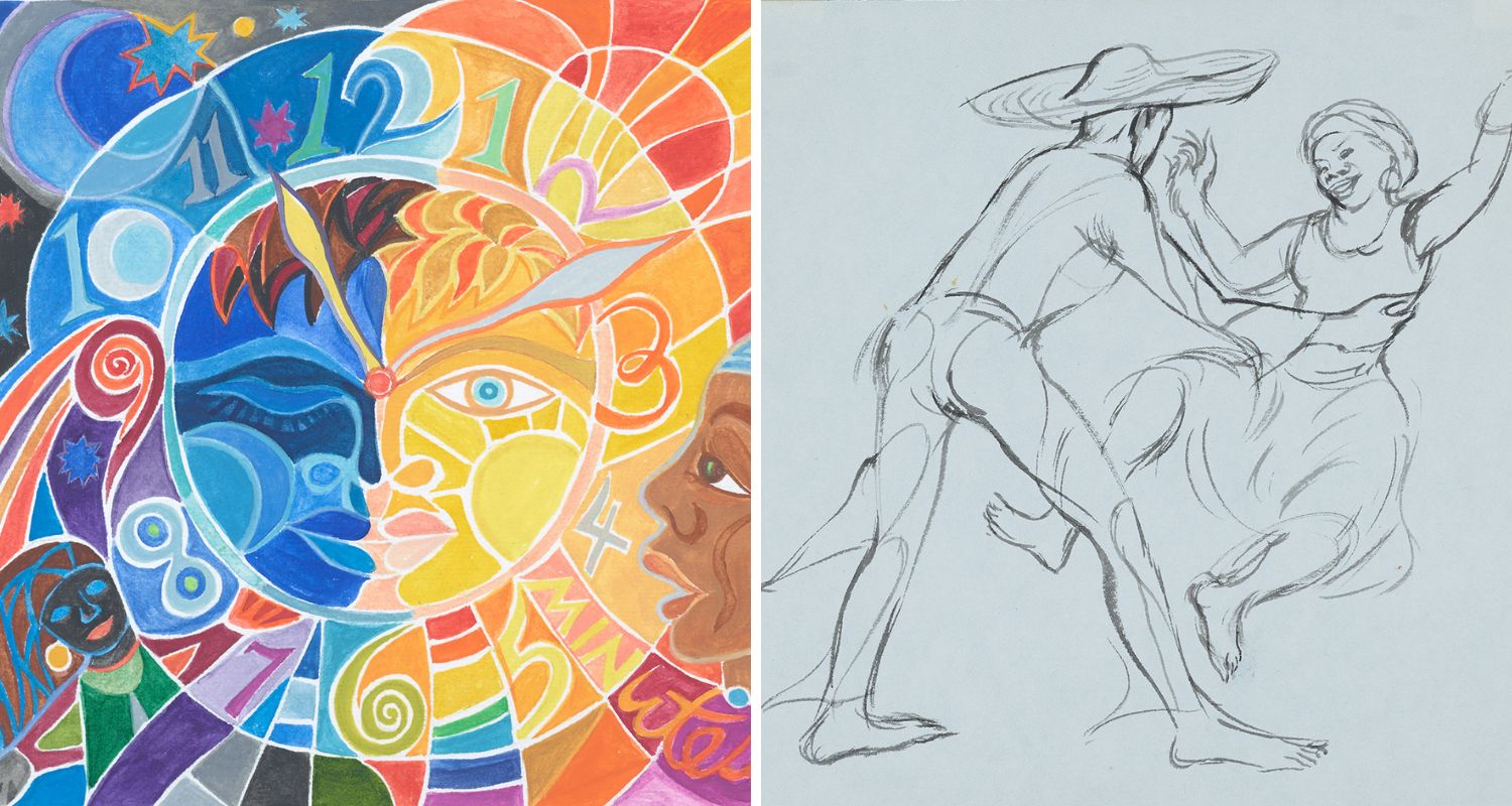 Artwork by Ashley Bryan. Left: a colorful painting of the face of a clock surrounded by other figures; right: a line drawing of a man and woman dancing,