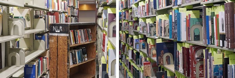Left: a crate of books in the stacks. Right: shelves of books, some of which are marked with bright yellow sheets of paper