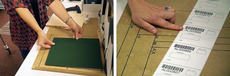 Left: A book is measured on a template. Right: a person points to a barcode label.