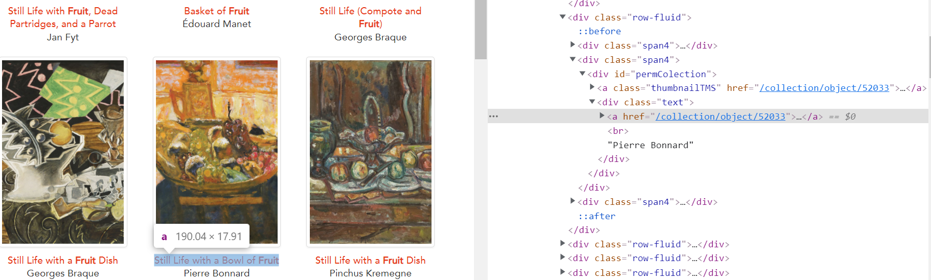 Screenshot of Philadelphia Museum of Art website links of fruit with developer tools