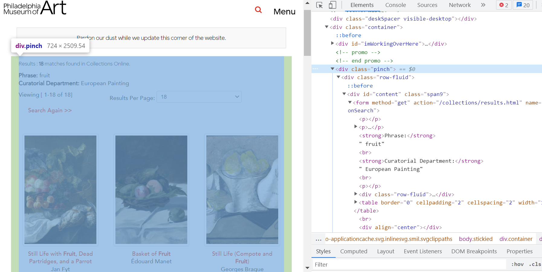 Screenshot of Philadelphia Museum of Art website search results of fruit with developer tools