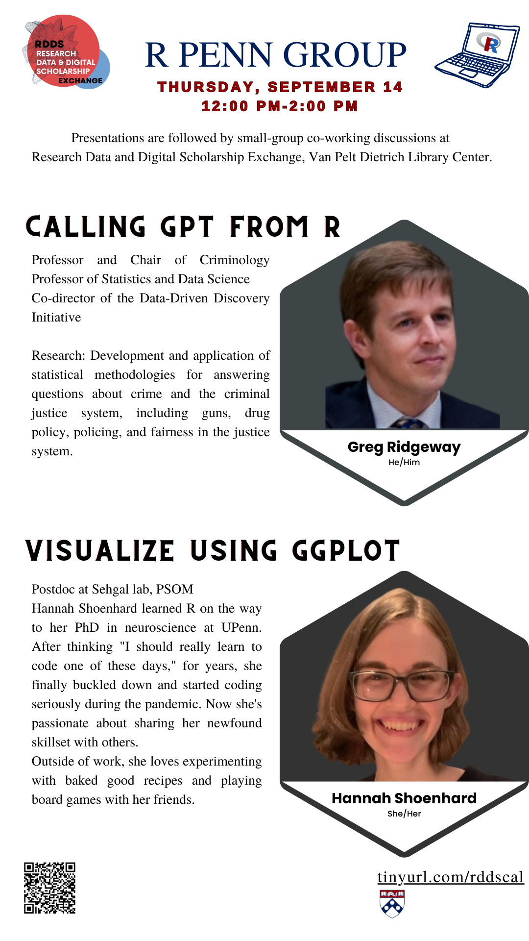 flyer with information on speakers for RPenn group: Greg and Hannah Shoenhard.