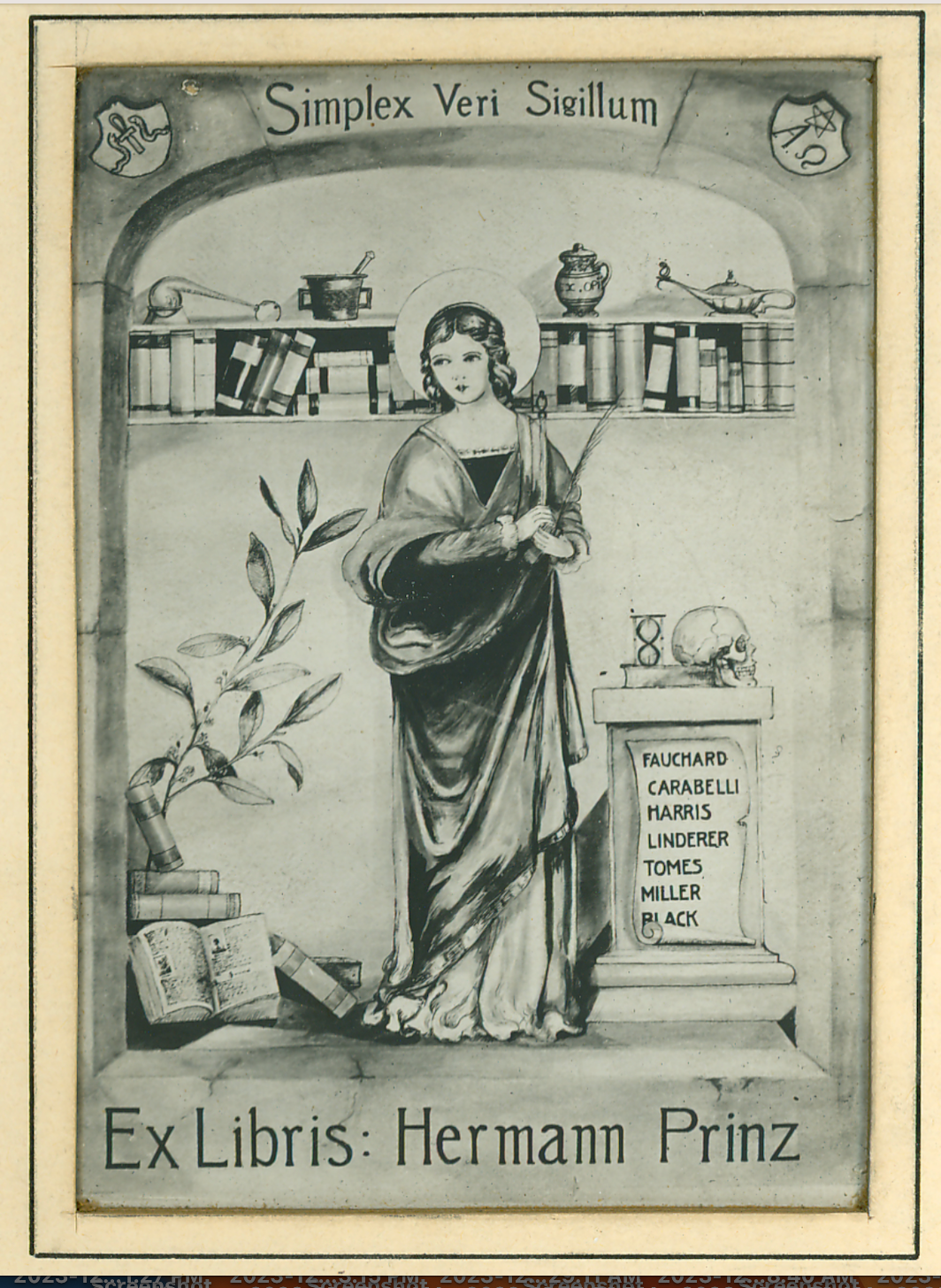 A bookplate shows a woman in front of a collection of books, holding a quill pen.