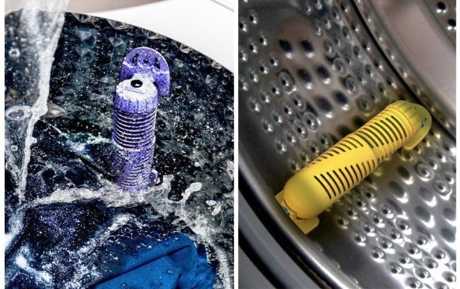 Two side by side photos show a cylindrical object inside of a washing machine drum.