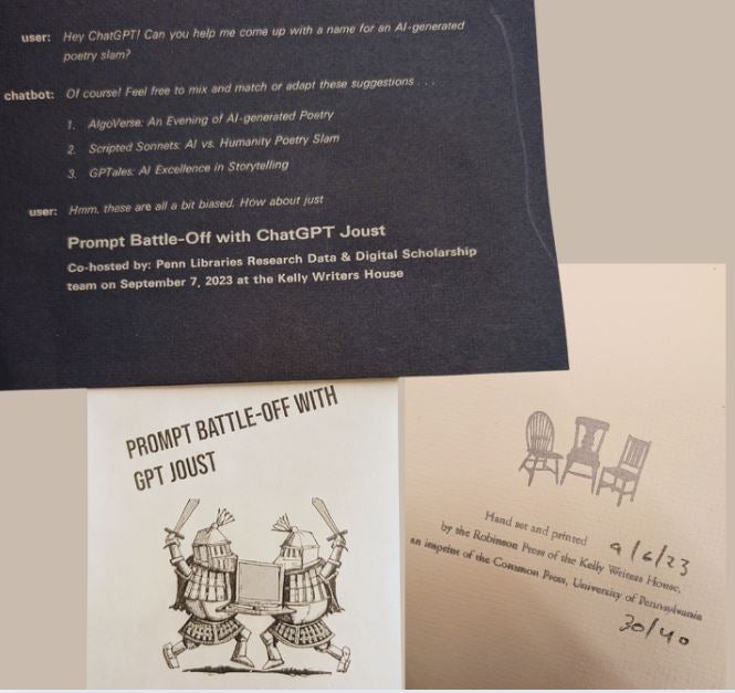 A composite of two printed pieces for the “Prompt Battle-Off with GPT Joust” event at Kelly Writers House: the top half shows a dark-blue flyer with a mock ChatGPT chat (“user: Hey ChatGPT…”, “chatbot: Of course!”) and the chosen title; the bottom half shows a cream ticket featuring two armored knights jousting over a laptop.