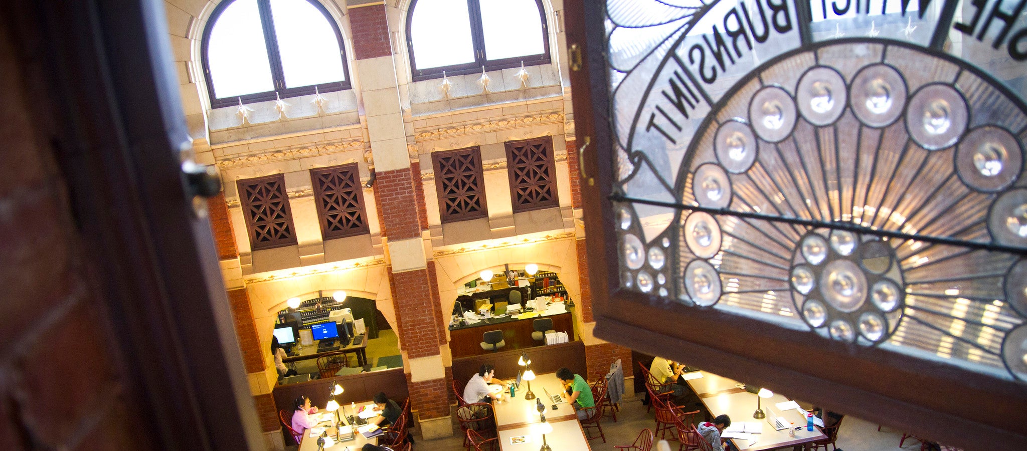 A view from above into the reading room of Fisher Fine Arts Library