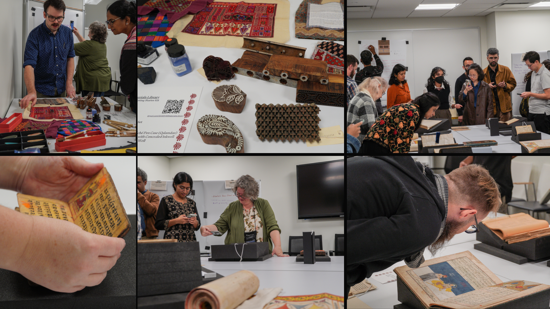 Composite image from the South Asia Studies Digital Humanities Workshop’s Manuscripts Materials Collections Showcase. Top left: attendees examine tools and textiles at a materials handling table featuring block printing stamps, inks, and embroidery. Top center: close-up of carved woodblocks, textile samples, and traditional tools. Top right: participants gather around manuscript displays and contribute observations on a whiteboard. Bottom left: a close-up of hands handling a small illustrated manuscript