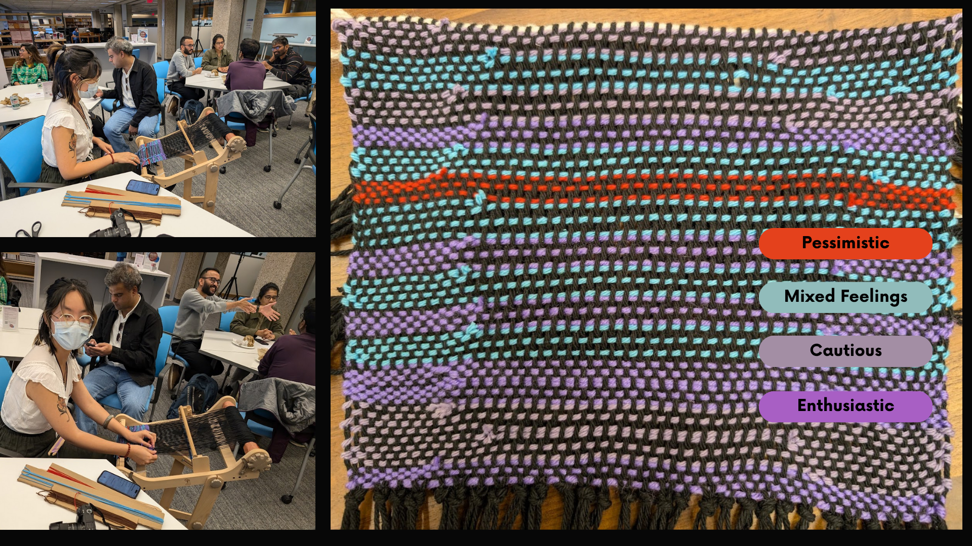 Participants weave on a tabletop loom during a workshop activity. The resulting textile visualizes collective sentiments using colored threads: red (Pessimistic), teal (Mixed Feelings), purple (Cautious), and violet (Enthusiastic).mpleted woven textile, with colored rows representing different participant sentiments—red for "Pessimistic," teal for "Mixed Feelings," purple for "Cautious," and violet for "Enthusiastic"—woven into the fab