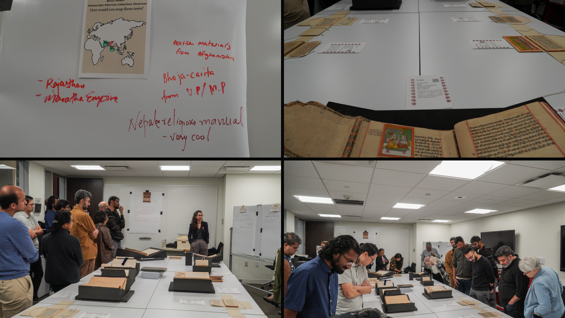 Composite image from the South Asia Studies Digital Humanities Workshop’s Manuscripts Materials Collections Showcase. Top left: a whiteboard with participant annotations mapping manuscript origins across South Asia. Top right: close-up views of palm-leaf and paper manuscripts laid out on tables with descriptive cards. Bottom left: a facilitator addresses a group of participants gathered around display cases. Bottom right: attendees lean in to closely examine manuscript materials