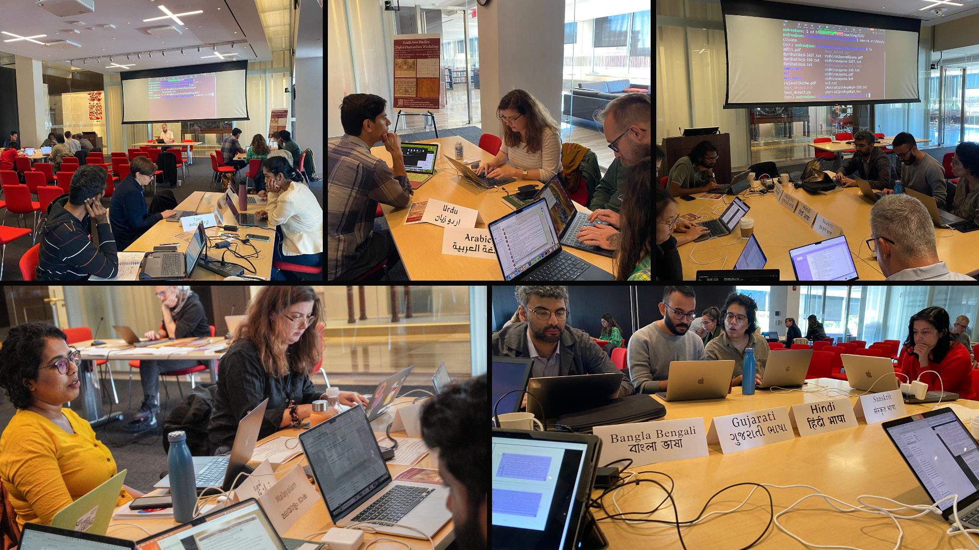 Collage of people looking at laptop screens seated around yellow wood table in a large room with red chairs