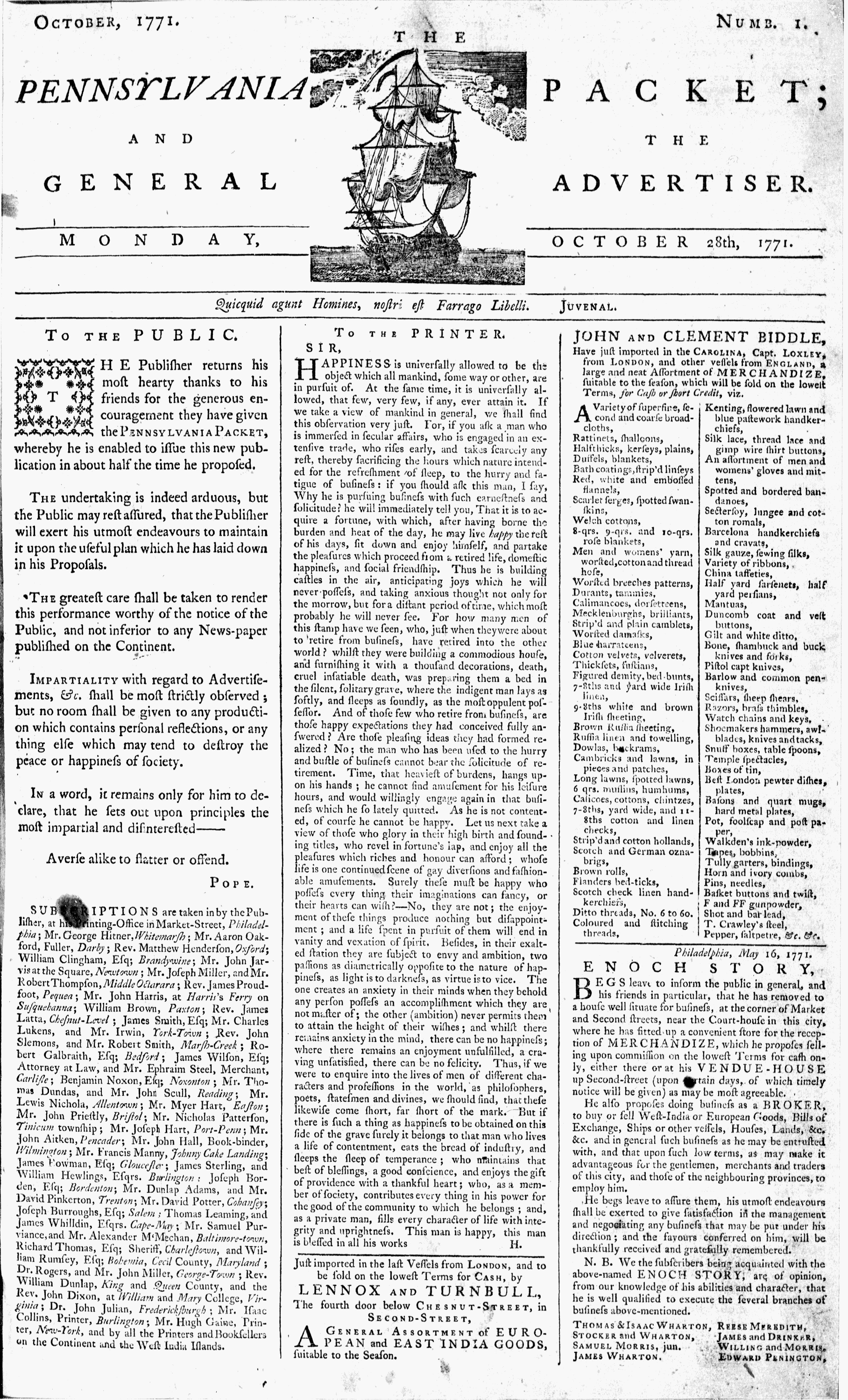 The Pennsylvania Packet newspaper from October 1771