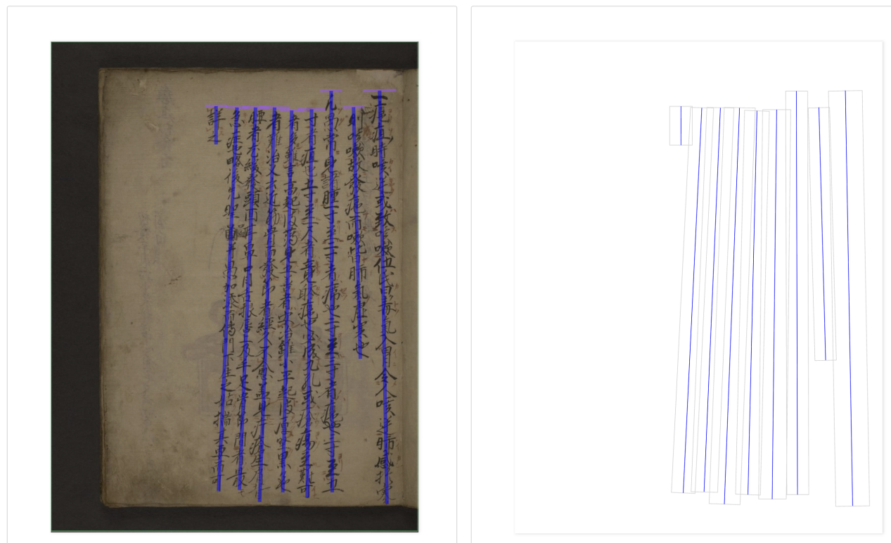 escriptorium chinese manuscript text with blue lines on top and boxes with lines on top