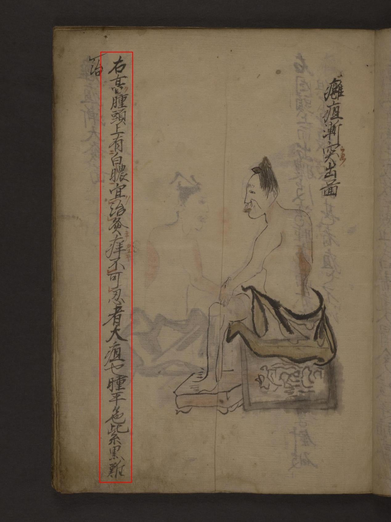 figure of human side with 2 lines Chinese script top to bottom, one bounded in red box