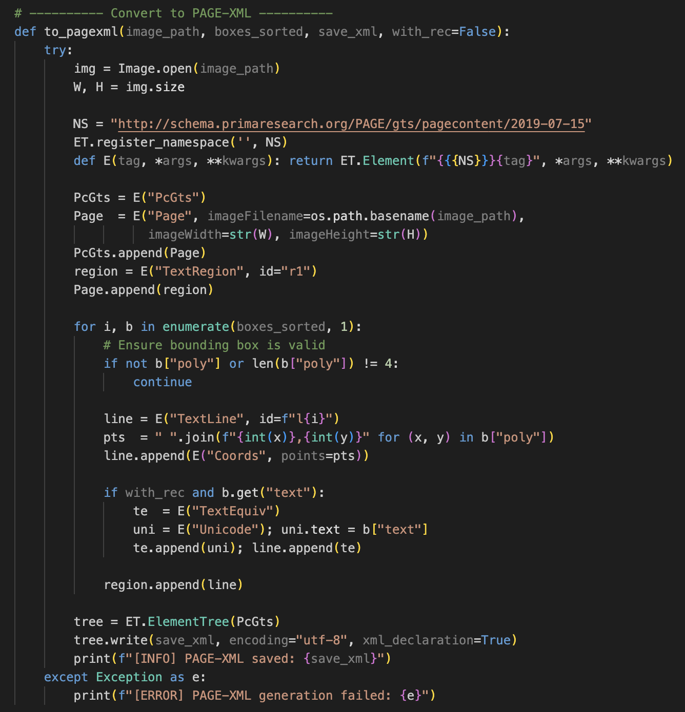 code for convert to pagexml