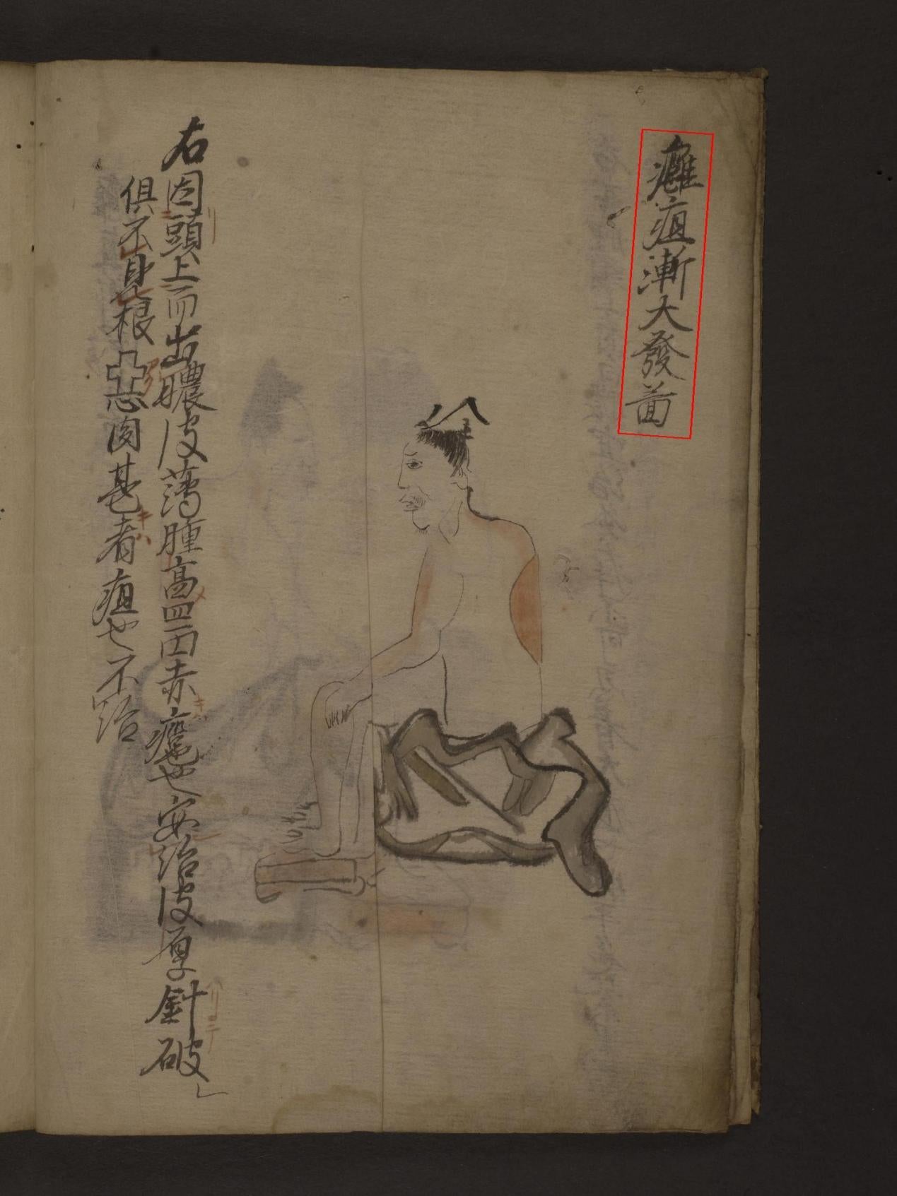 figure of human side with 3 lines Chinese script top to bottom, 1 bounded in red box