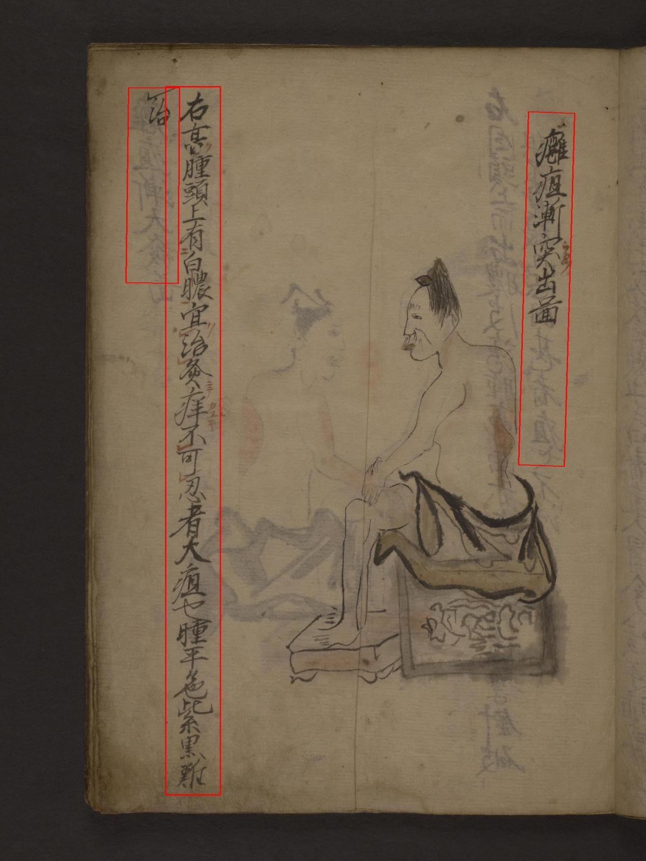figure of human side with 3 lines Chinese script top to bottom, 3 bounded in red box
