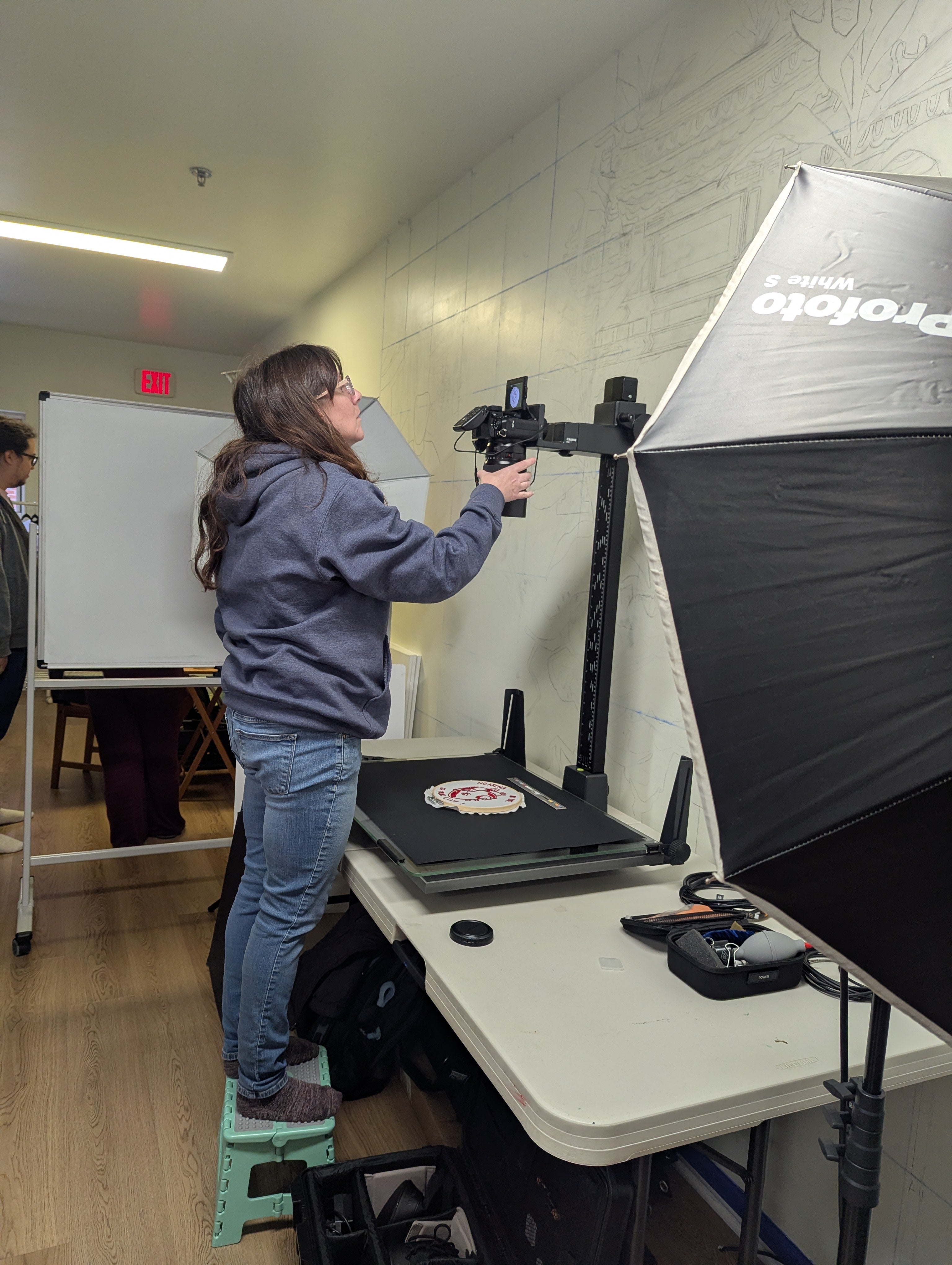 SCETLI member uses a camera on a copy stand to digitize a cross-stitched sign