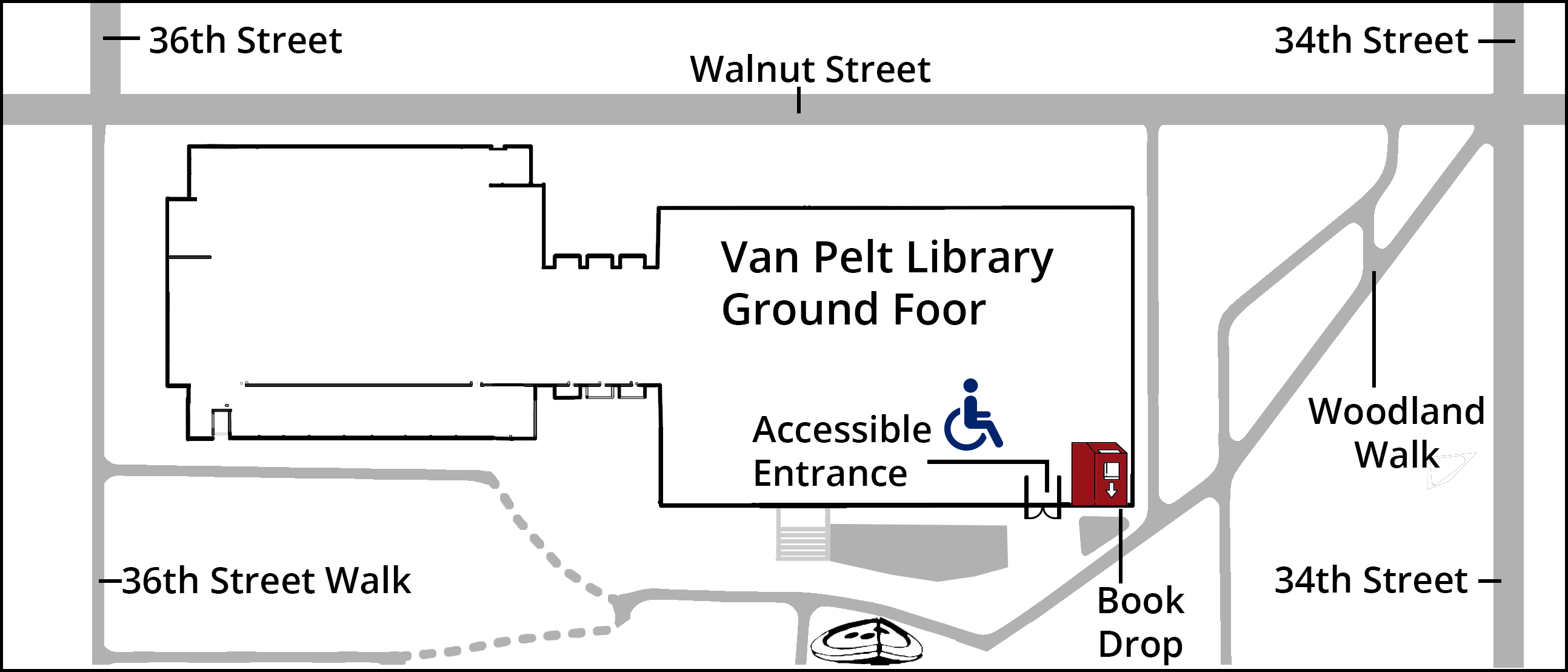 Campus map showing the approach to the Van Pelt book drop