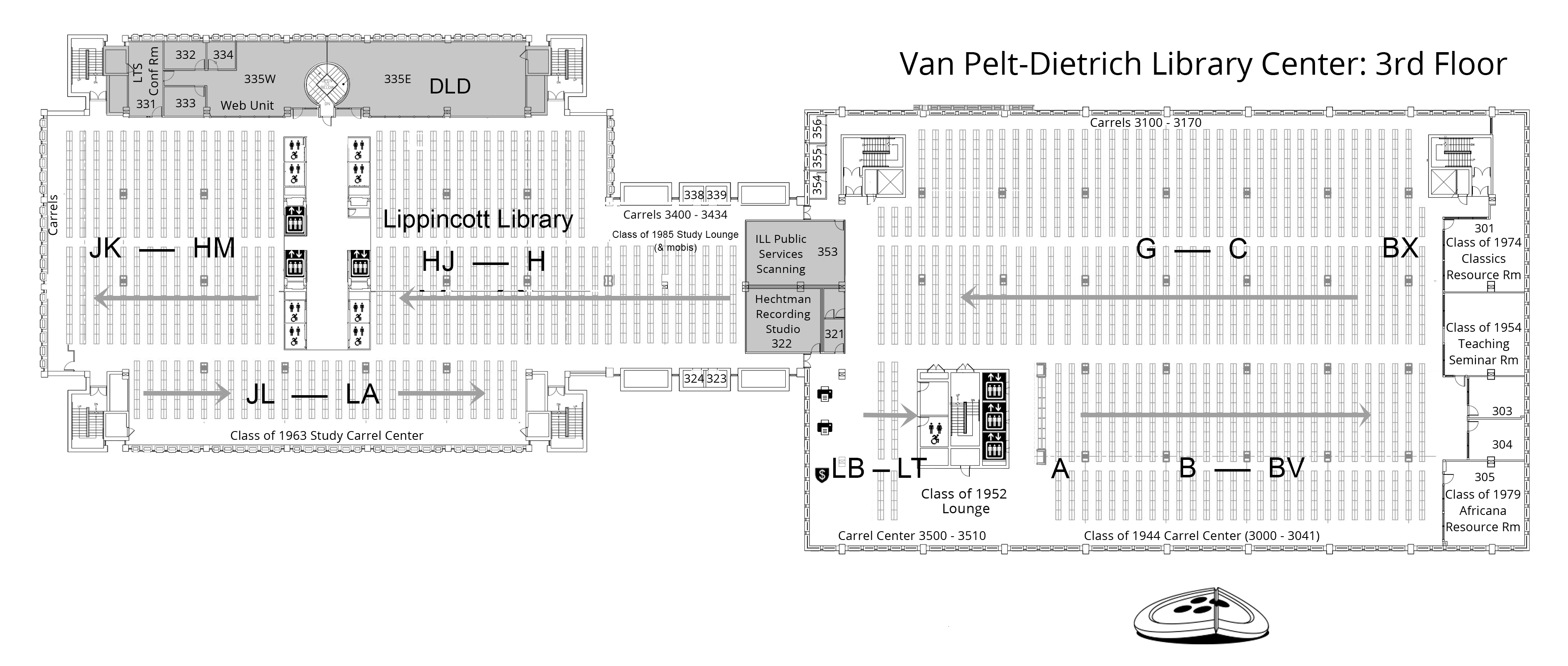 third floor plan, Van Pelt-Dietrich Library Center. Full description is linked below.