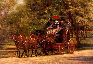 Painting showing a coach and four passengers.