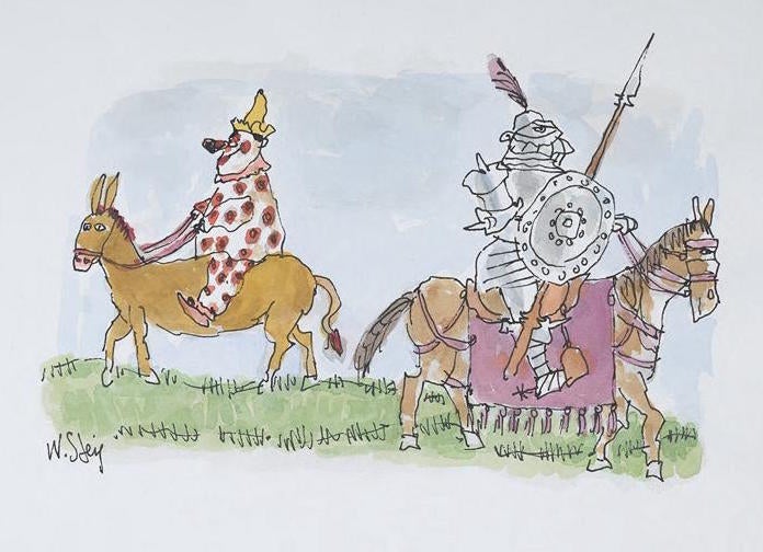 William Steig Art of Clown and Knight on horseback.