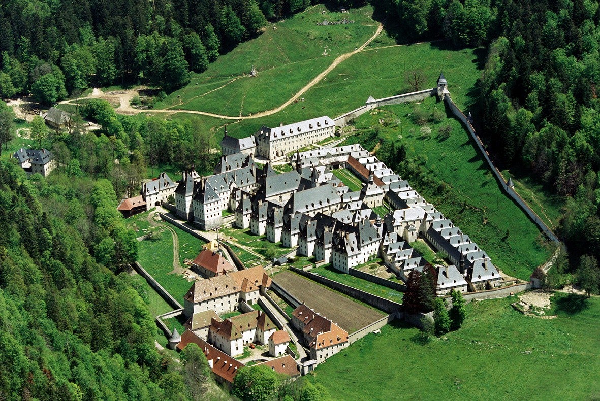 Aerial view of a large monastery.