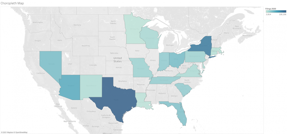Dashboard published using the Eviction Lab data, displaying a choropleth map of eviction filings from 2020 to present