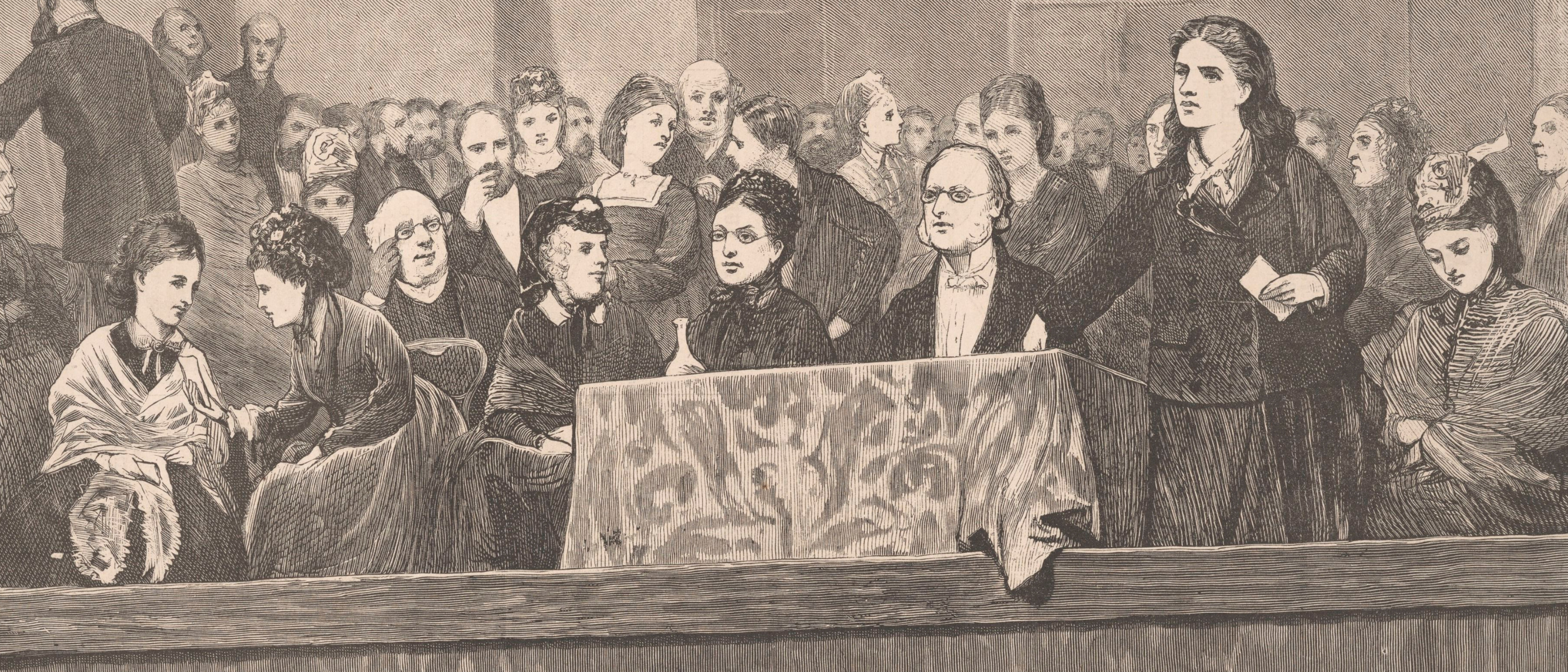 Sepia-toned illustration of a group of large group of women in a 19th century courtroom.