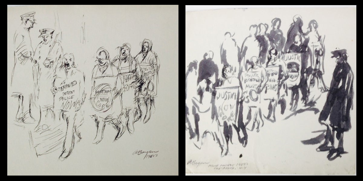 A sketch and an ink painting of protests against police brutality, each by the artist Ashley Bryan.  