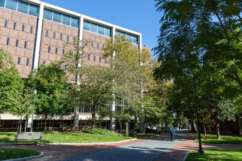 An overview of buildings and trees on campus.