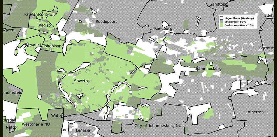 A map that details: Gauteng Province, 2011 Census, areas with 50% or more employed persons and areas with 10% or fewer English-speakers.