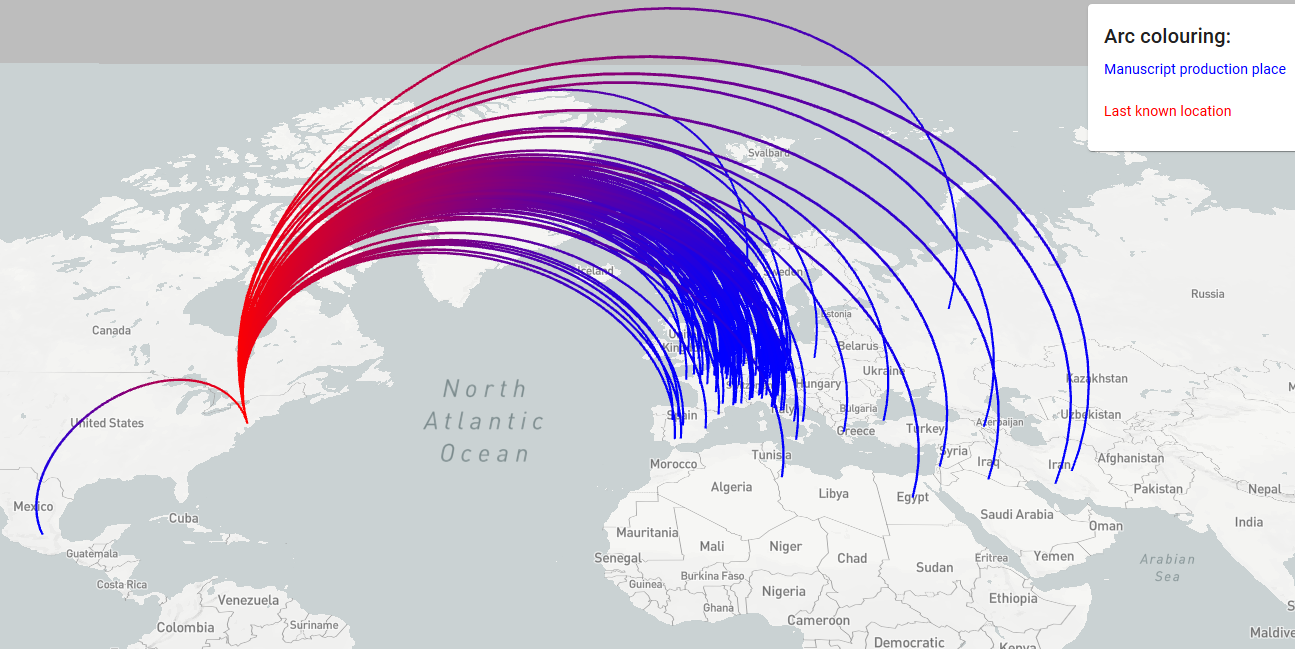 Manuscript Migrations to Philadelphia plotted with lines