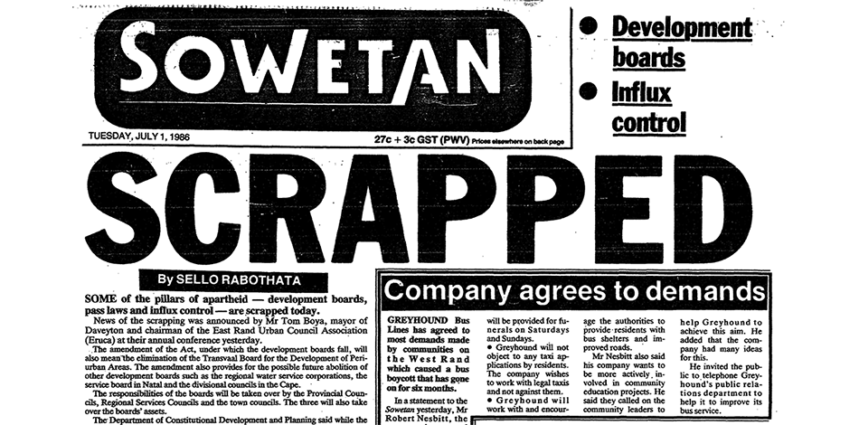 Front page above the fold of the Sowetan Newspaper from July 1, 1986. 