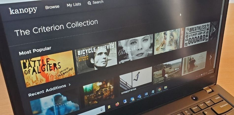 A streaming site on a laptop displaying various movies from the Criterion Collection.