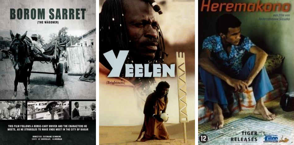 Three african film posters: Borom Sarret, Yeelen, and Heremakono.