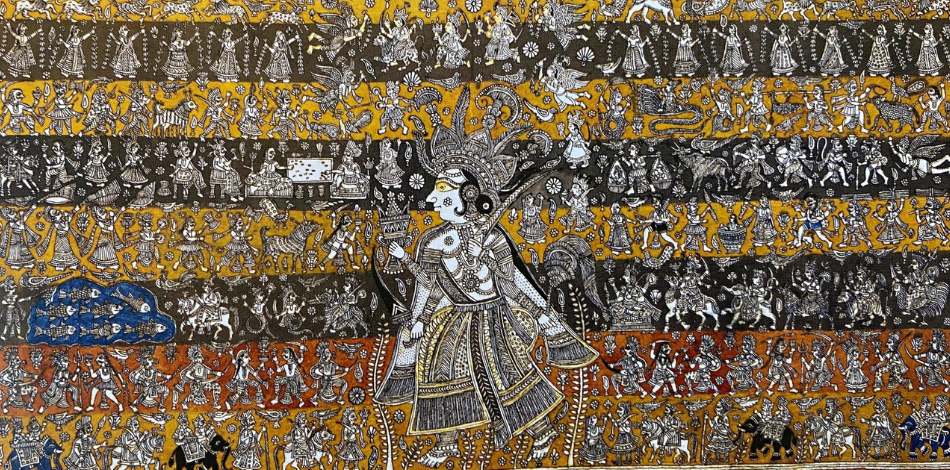 Ajoy Das - This painting dipicts DHAMAIL dance ,is a folk art of southern  Assam. It is enacted during festive celebrations. This painting also  dipicts betel nut trees that are an integral