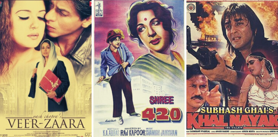 Three bollywood film posters: Veer-Zaara, Shree 420, and Khal Nayak.