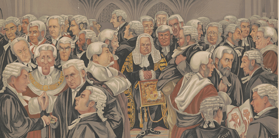 Portrait entitled "Bar and Bench" by Harold Wright. It depicts judges and other officials in London in the 19th century.
