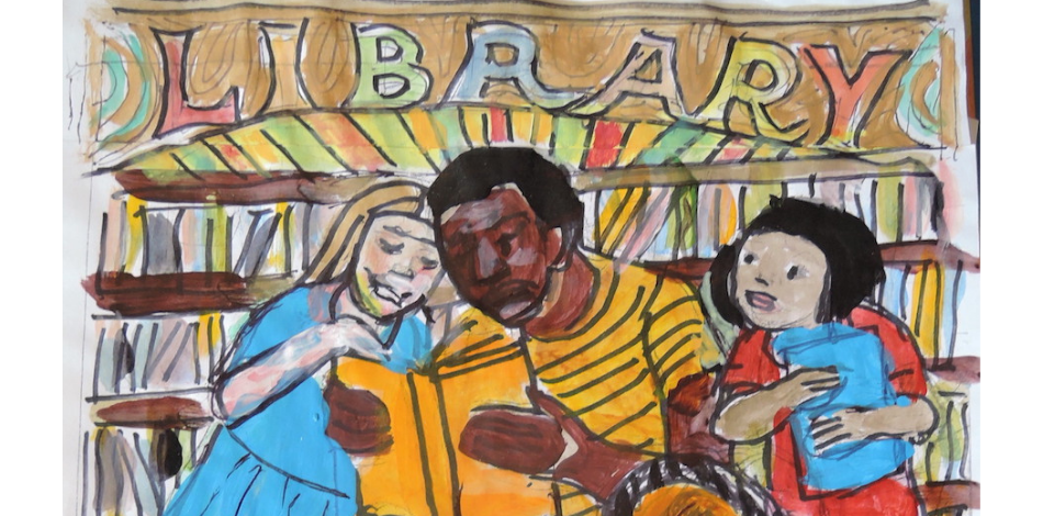 Comic picture of students reading at library.