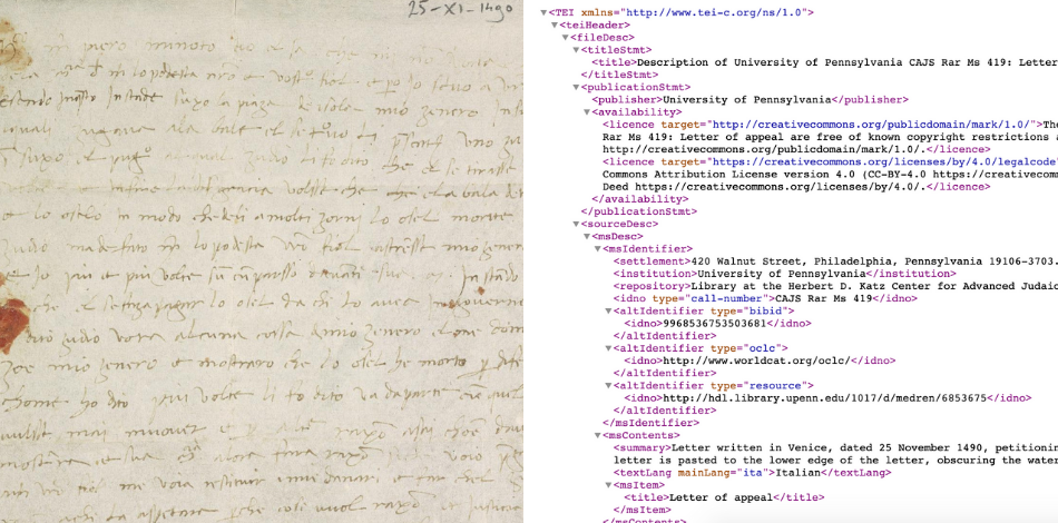 Left: close-up look at a hand-written historical document; Right: screen capture of website code.