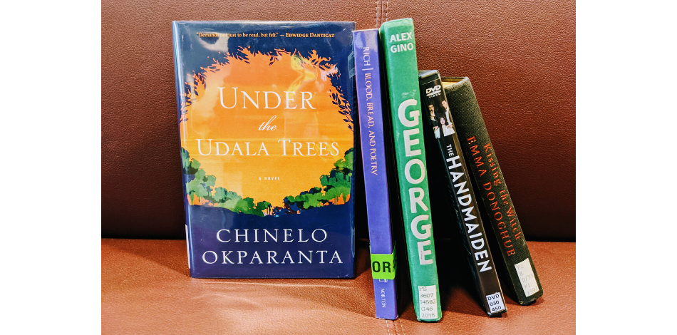 Books stacked in front of a red background. Titles are: Under the Udala Tree; Blood, Bread, and Poetry; George; The Handmaiden; Kissing the Witch.