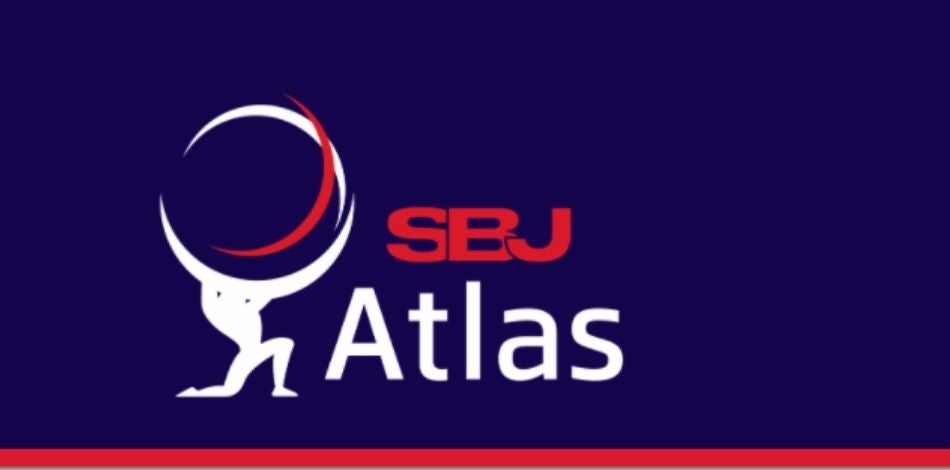 "SBJ Atlas" written in red on a blue background with a stylized graphic representing the god Atlas holding a globe.