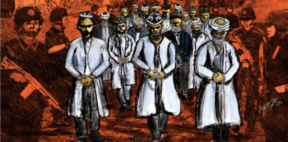 Collage of illustrations showing soldiers holding guns (in red) and men in Uyghur dress walking with hands clasped (in white).
