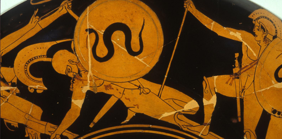 Illustration of ancient Greek soldiers fighting with a black background.