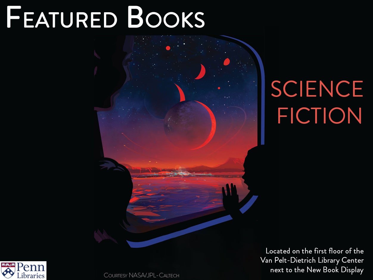 NASA travel poster being used to display featured science fiction books.