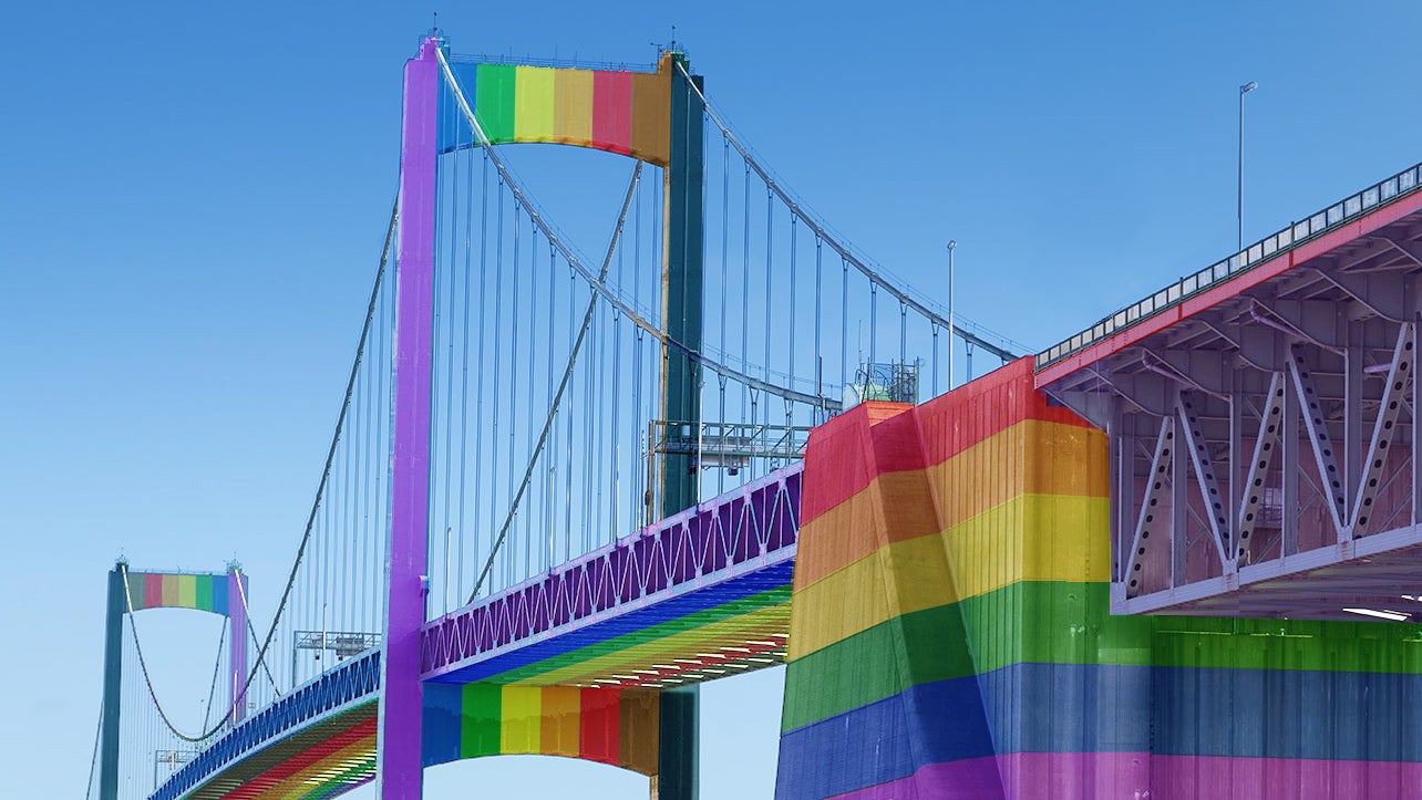 Whitman bridge with colors of LGBTQ.