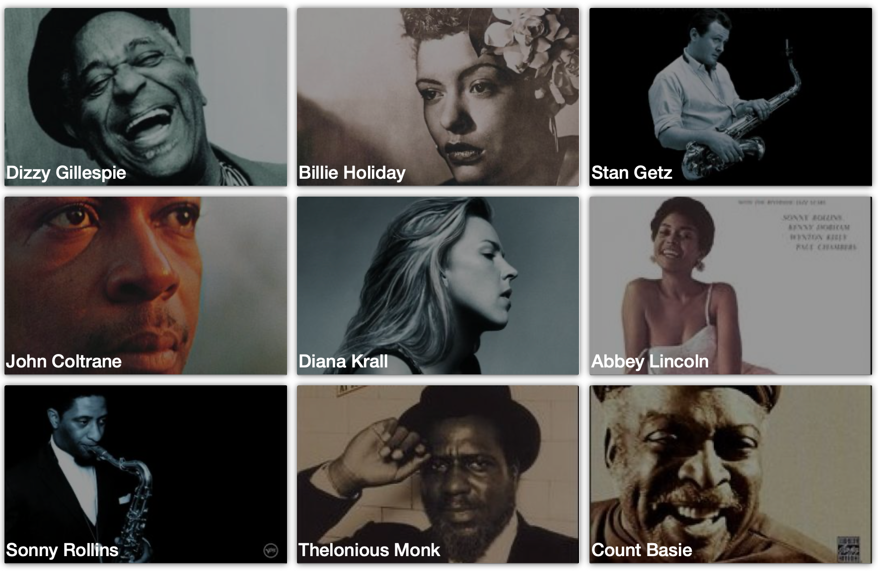 Screenshot of website featuring jazz artists.